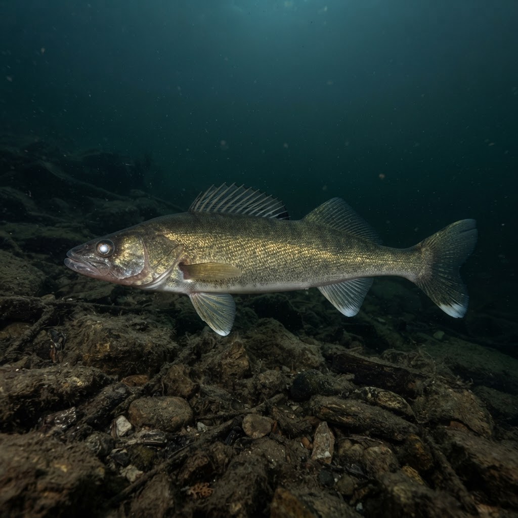 Walleye holding near rocky bottom in cold, low-light water