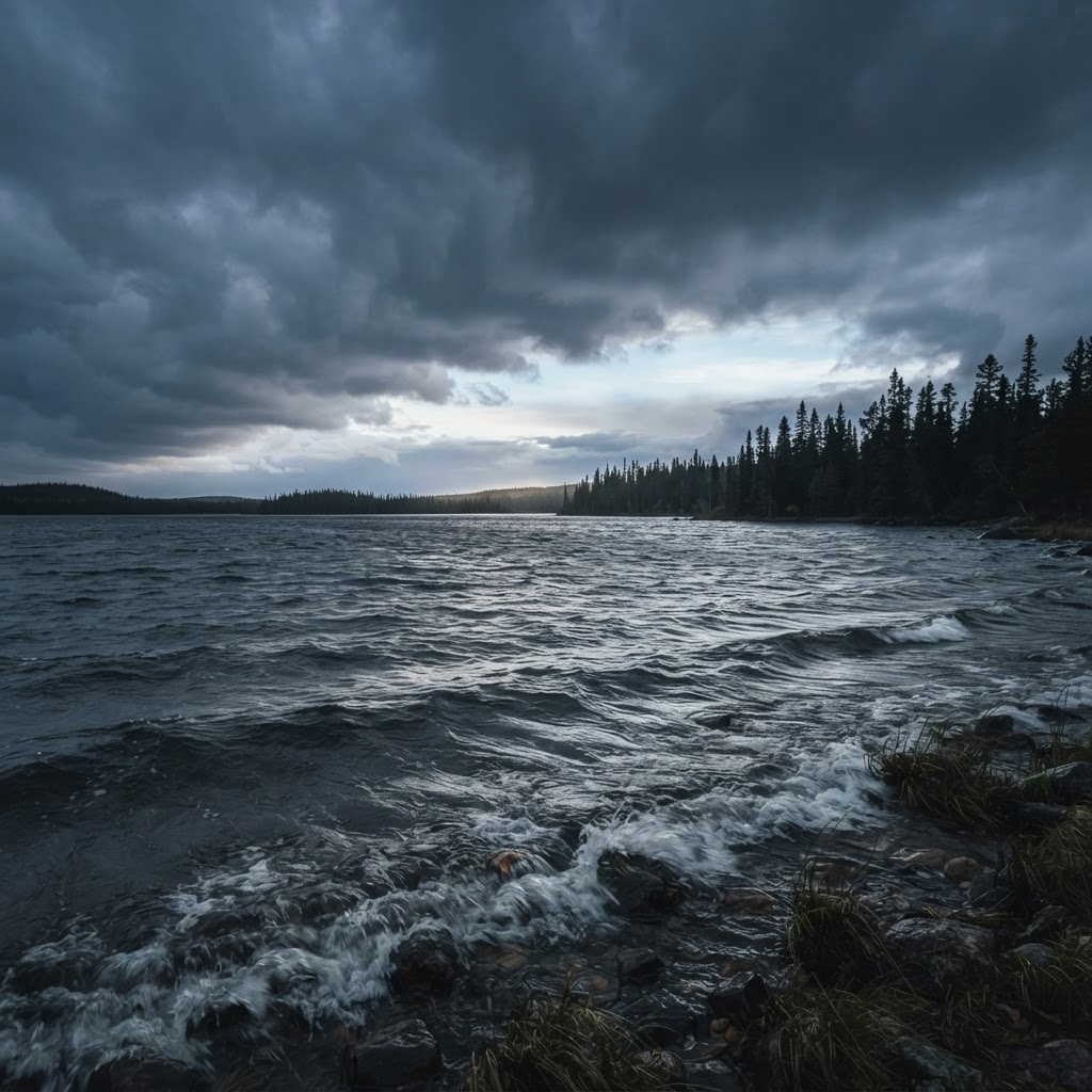 Wind-chopped lake surface under a passing cold front