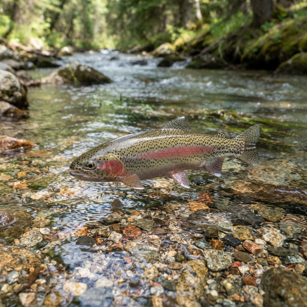 Rainbow trout holding in a cold clear stream over clean gravel