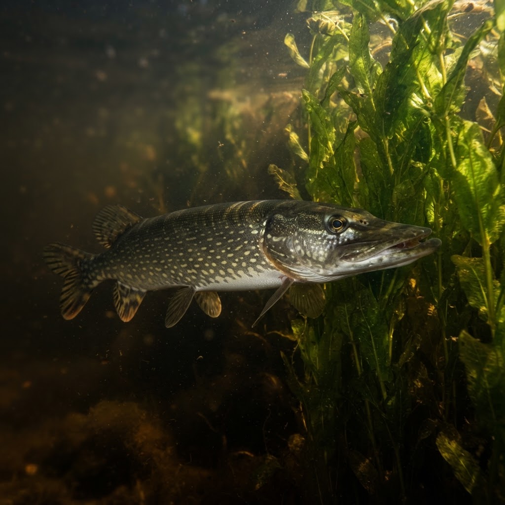 Northern pike waiting in ambush along a green weed edge