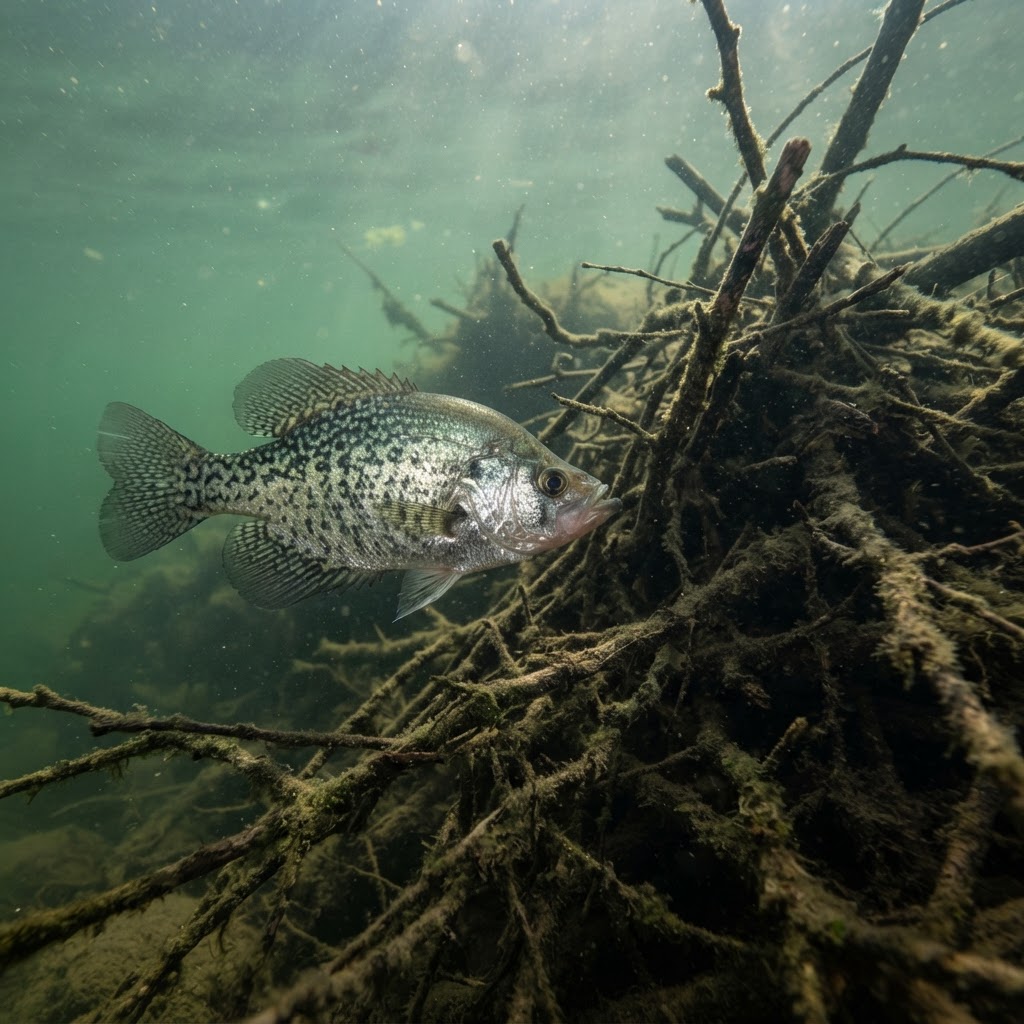 Black crappie suspended beside a sunken brush pile