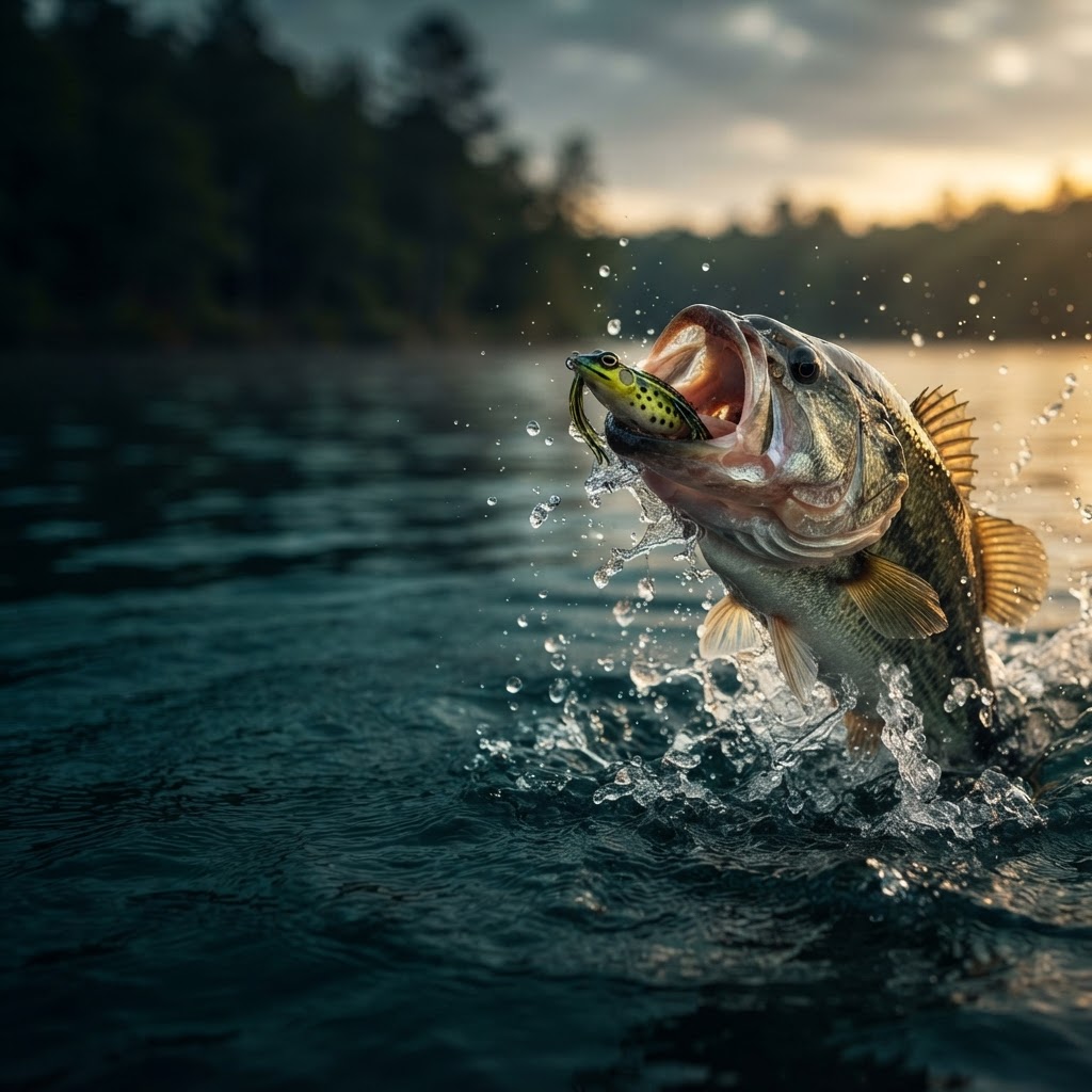 A largemouth bass breaking the surface after a topwater lure