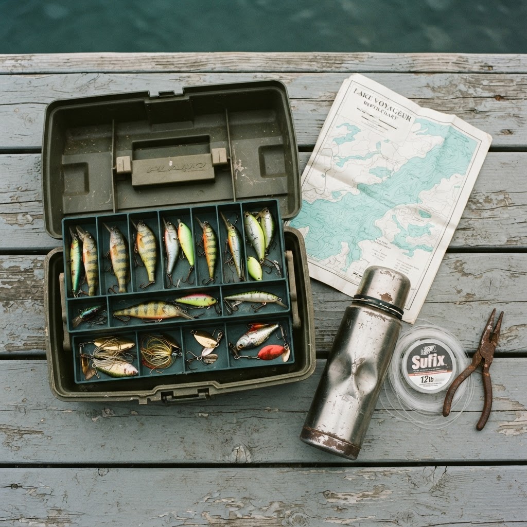 Tackle box, lake map and thermos laid out on a dock