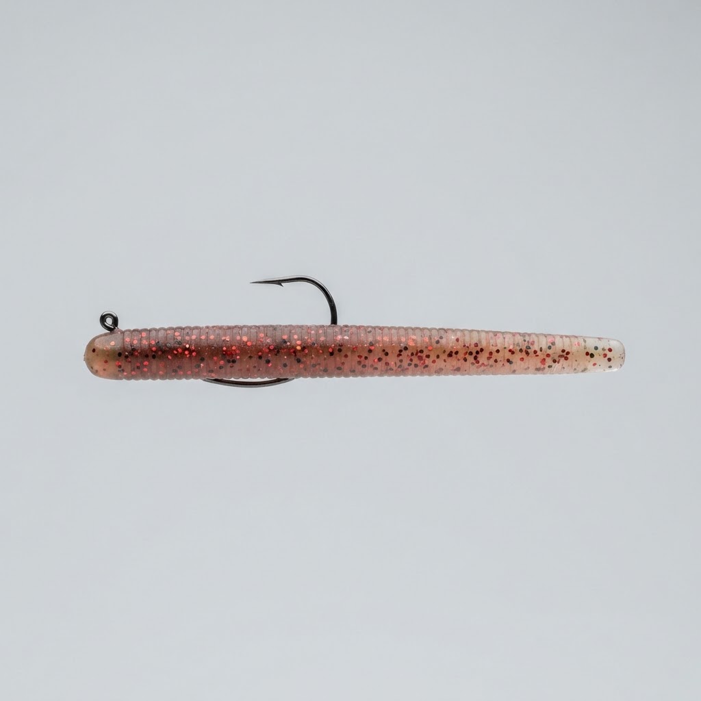 Weightless stickbait in watermelon red with an offset hook