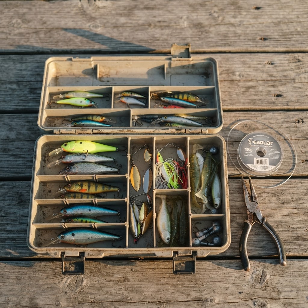 Open tackle box of crankbaits and spinnerbaits on a dock