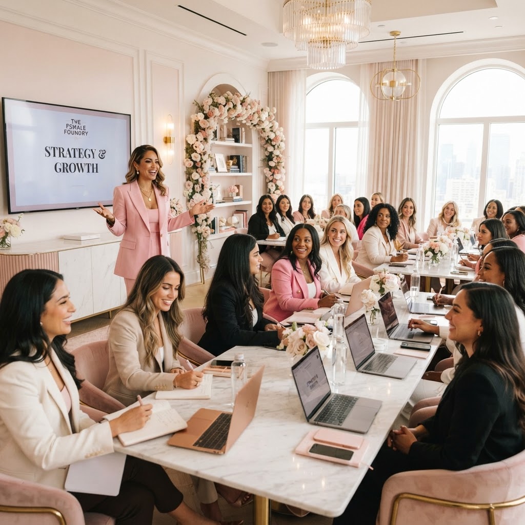 Entrepreneur women in a pink and white classroom