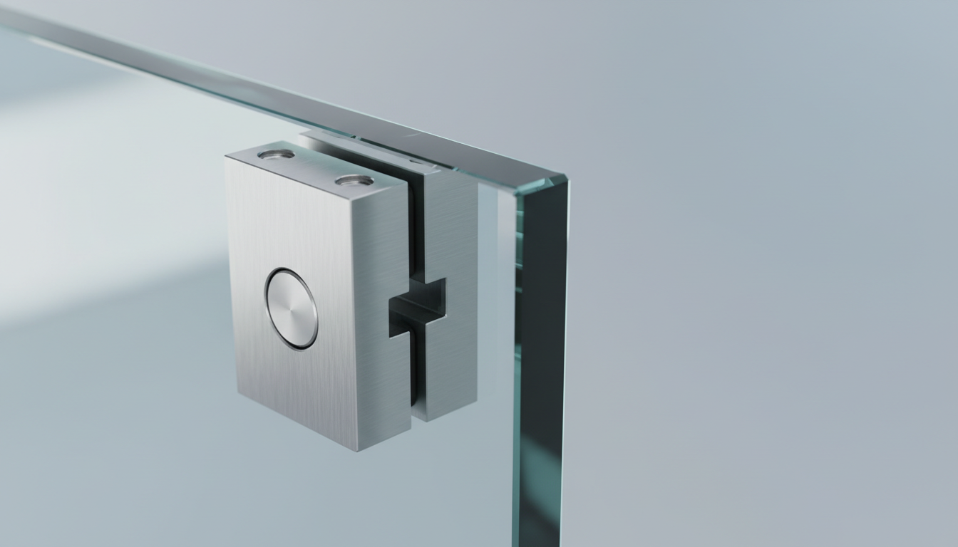 Polished glass edge and stainless steel hardware detail