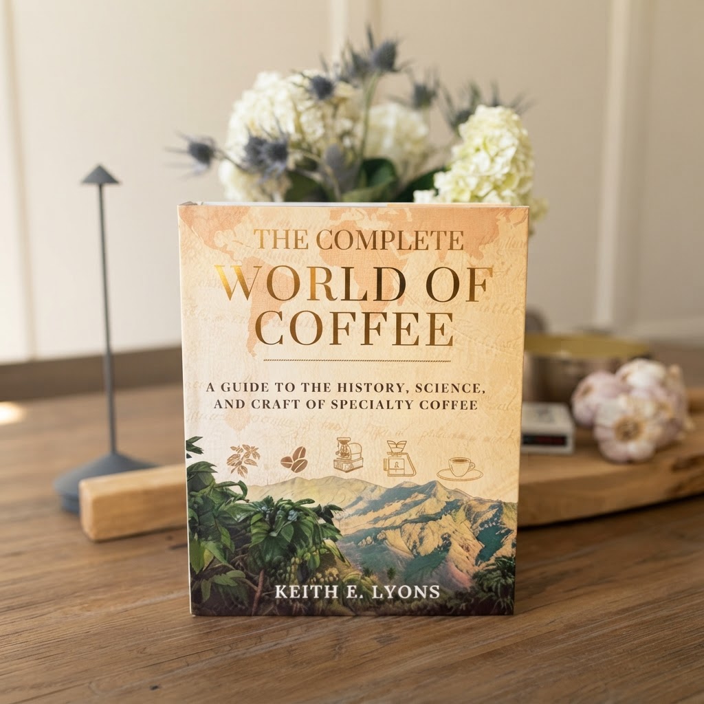 The Complete World of Coffee, Standard Edition hardcover by Keith E. Lyons standing on a wooden table with fresh flowers behind it