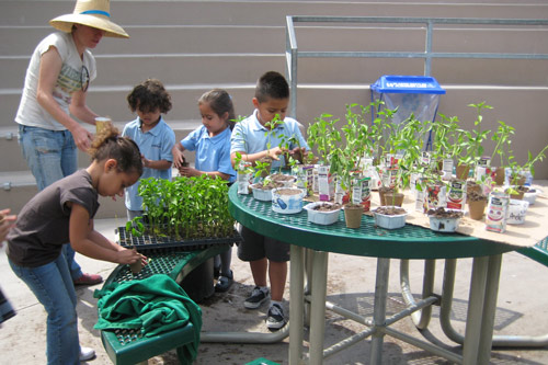 Children and an instructor tending to potted plants at an outdoor school garden table