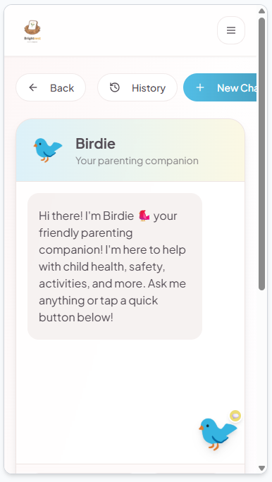 AI Companion Birdie — Friendly parenting assistant chat interface.