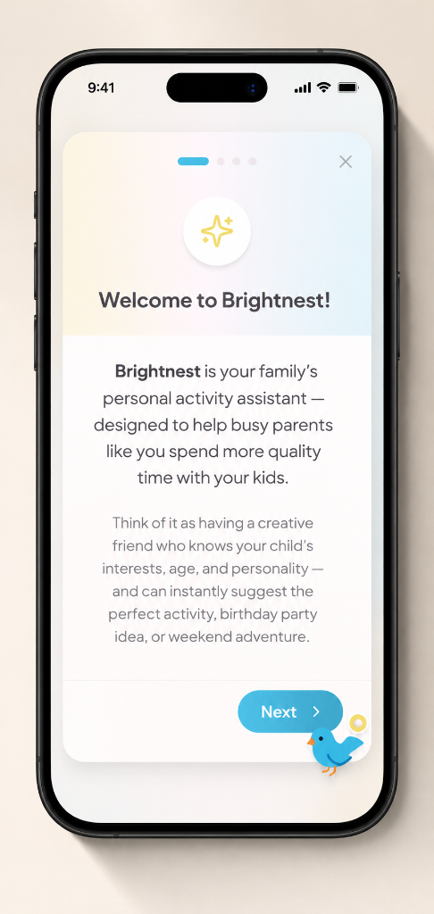 Mobile onboarding — Welcome to Brightnest with family assistant introduction.
