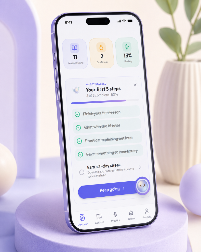 Mobile dashboard — onboarding progress, streaks, and mastery tracking.