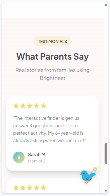 Testimonials section — Real stories from families using Brightnest.