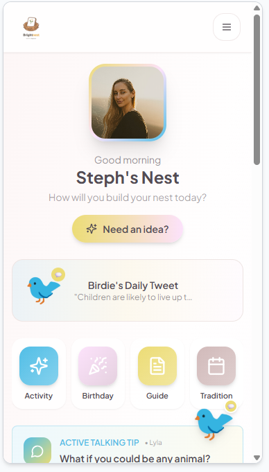 Daily Dashboard — Child profile, daily tips, and activity categories.