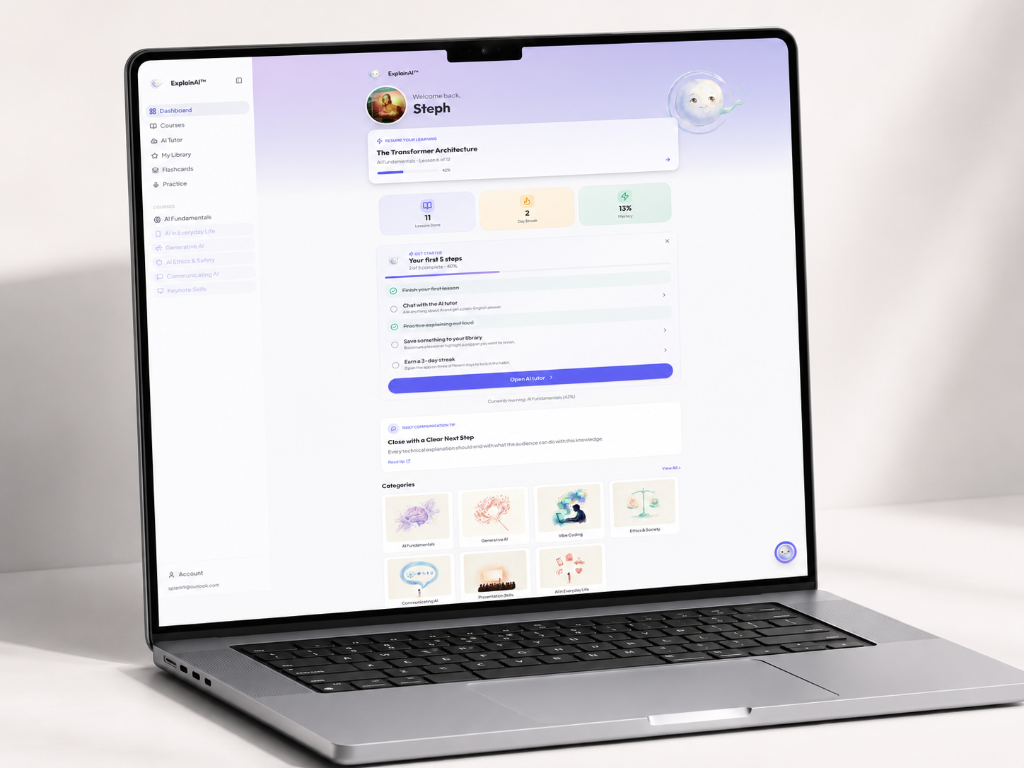 Desktop dashboard — resume learning, categories, and progress at a glance.