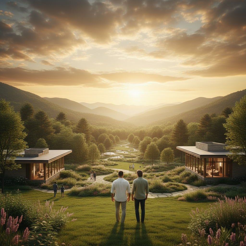 Two founders looking out over a valley at sunset, overlooking a harmonious world of nature, families, and modern healing sanctuaries