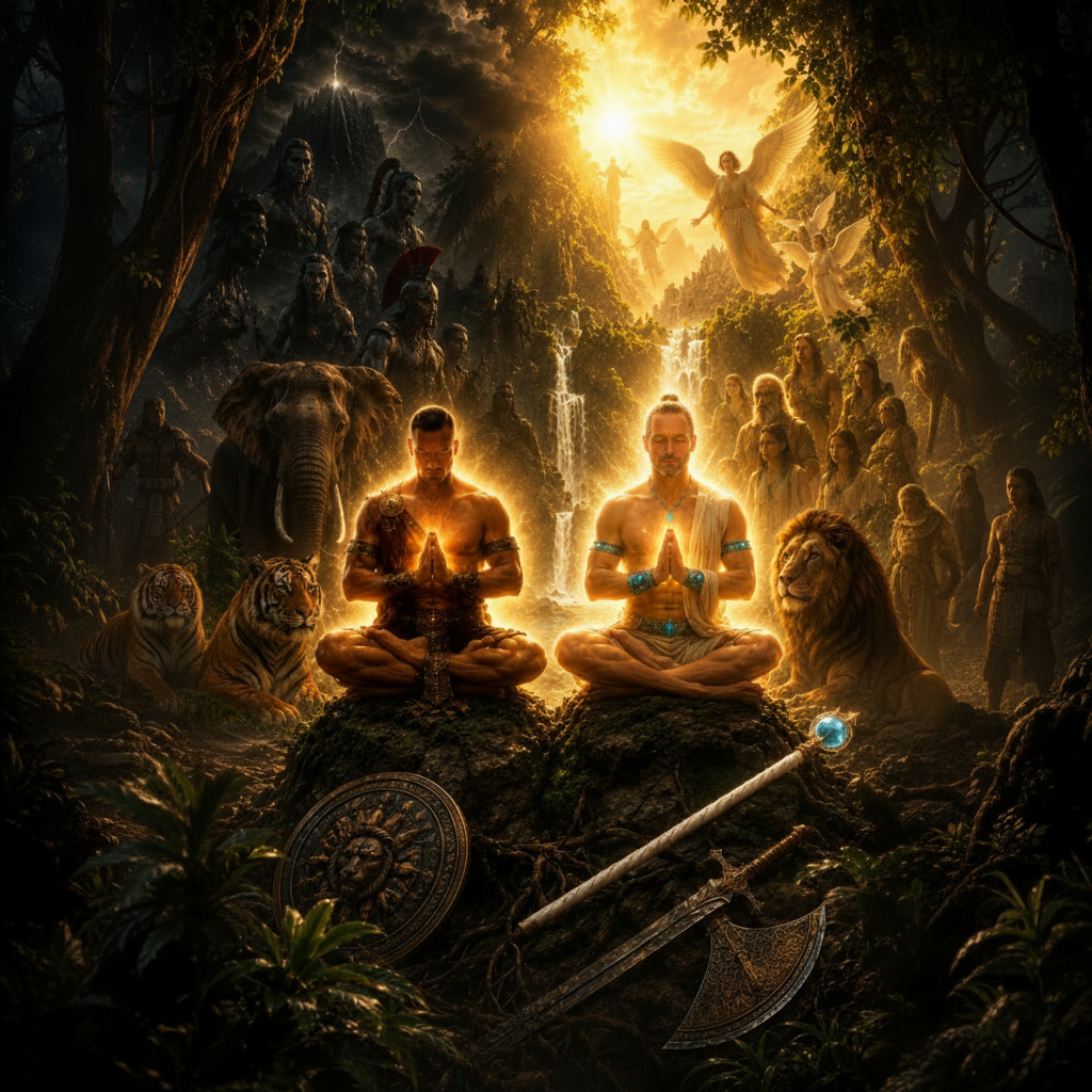 Luke and Nicholas seated in meditation, emanating a golden aura, flanked by lion and tiger companions
