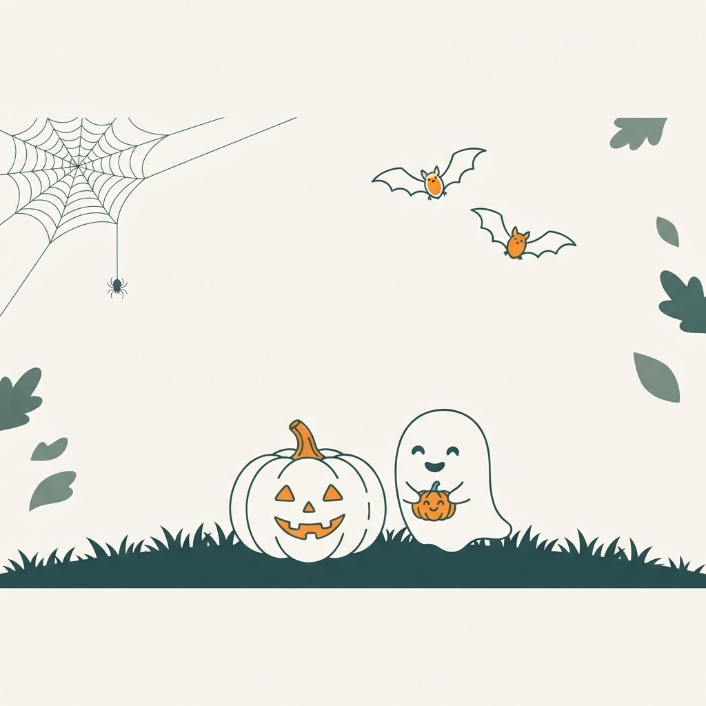 Halloween illustration with a pumpkin, a friendly ghost, and bats
