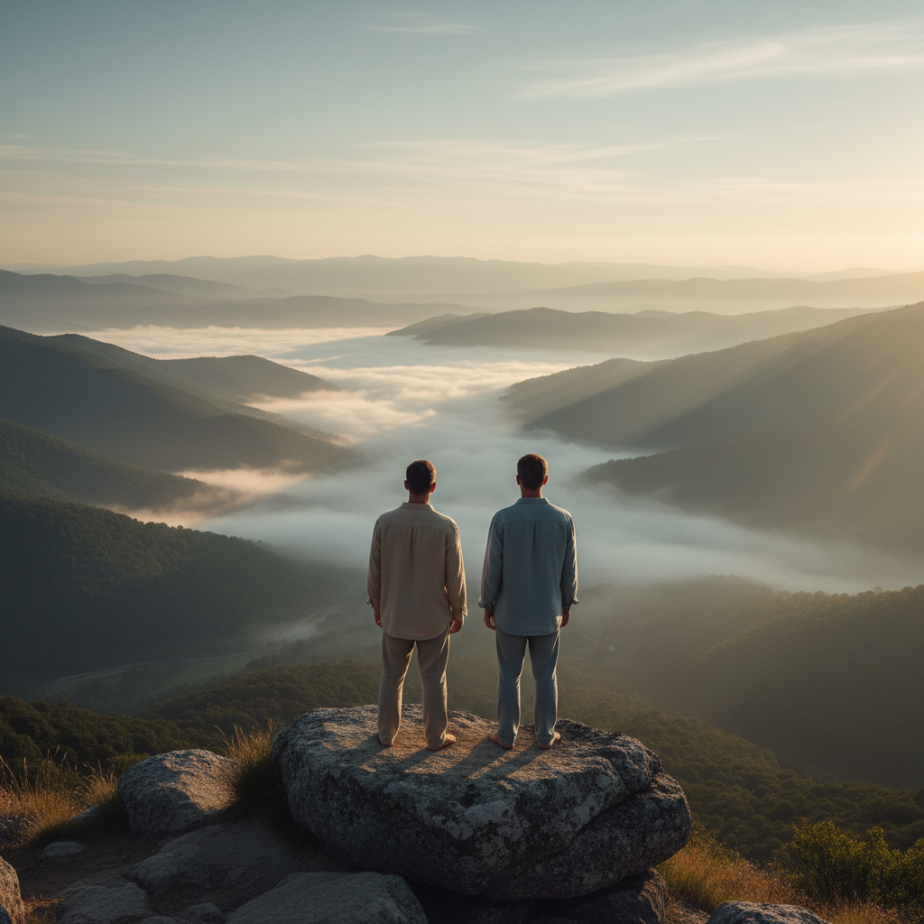 A lone figure in a linen shirt overlooking a vast misty valley at dawn