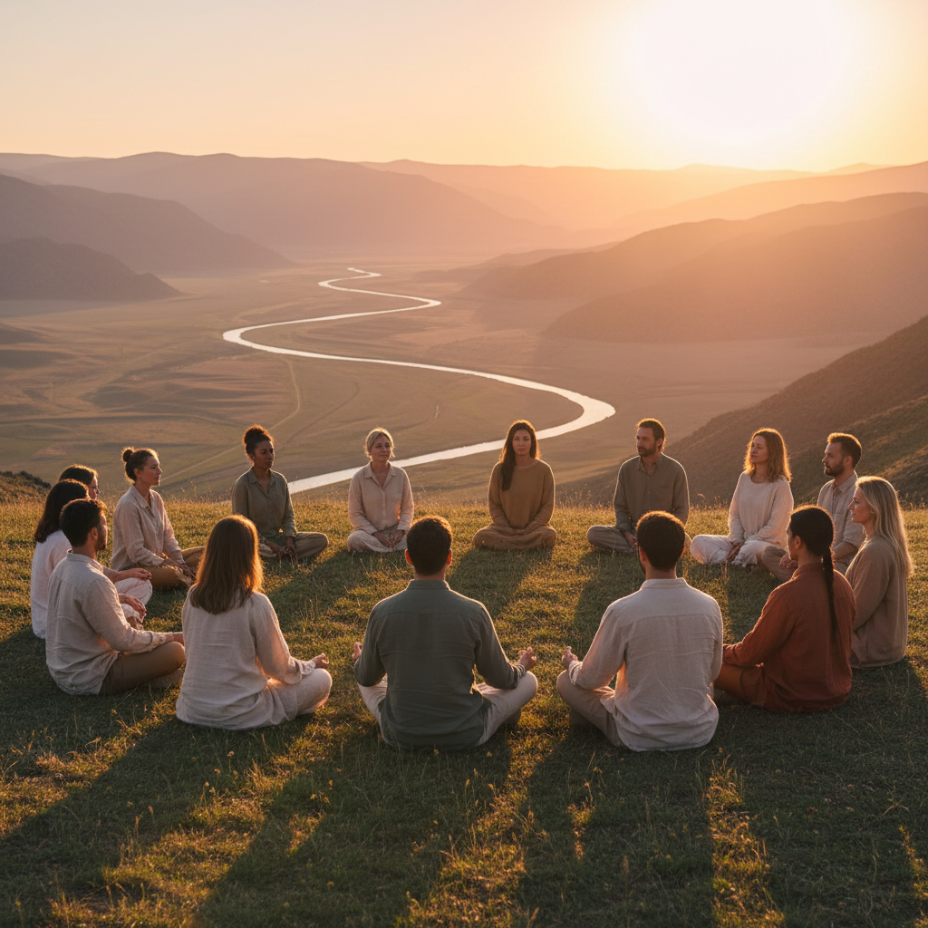 A community gathered in nature at golden hour, sitting in a circle on a hillside overlooking a valley