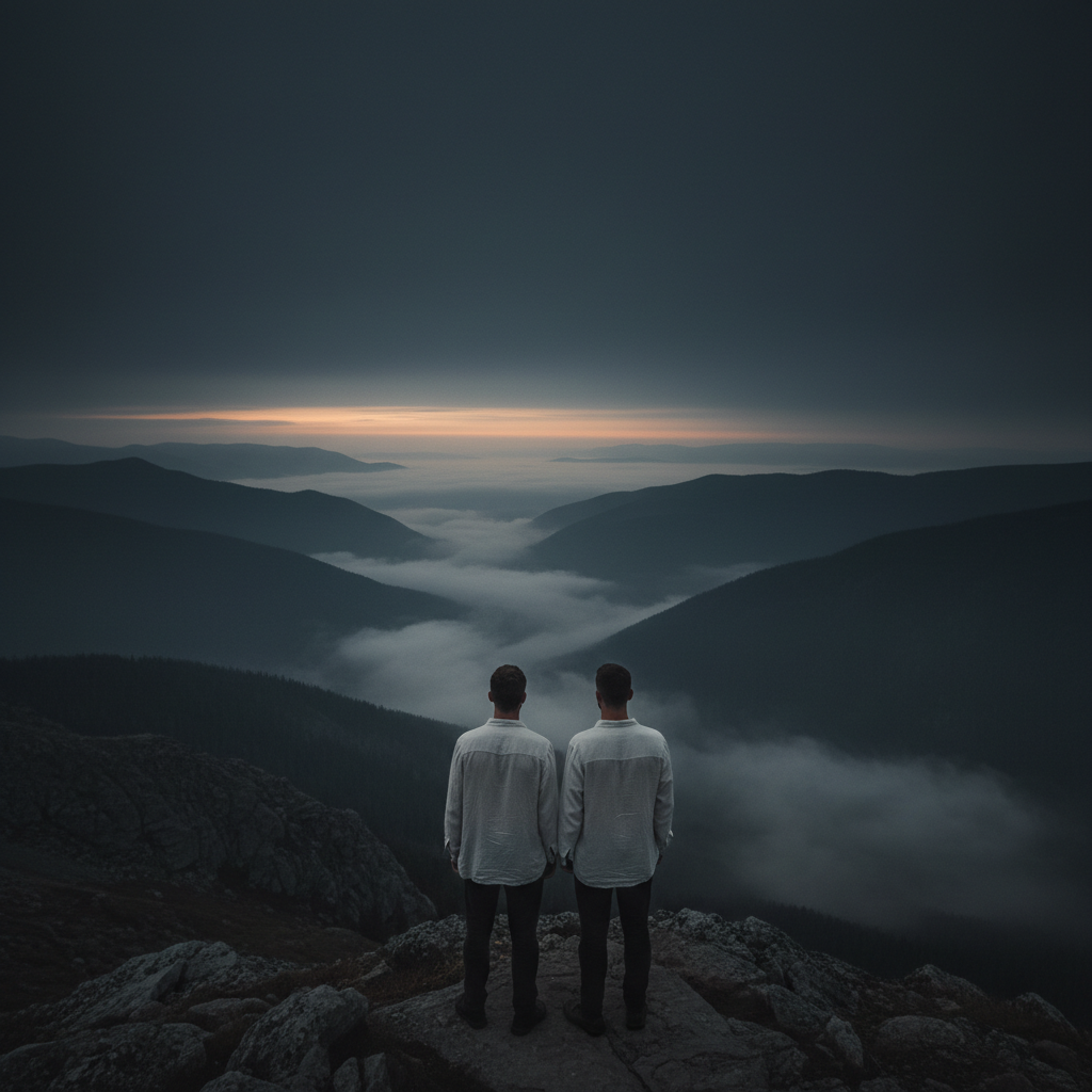 Two figures standing apart on a hillside at dawn, each facing a different horizon
