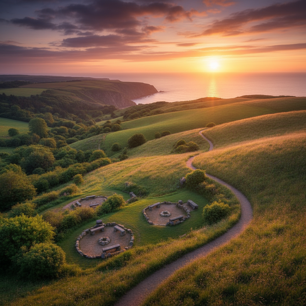 A winding path through varied landscapes at golden hour, representing a long shared journey