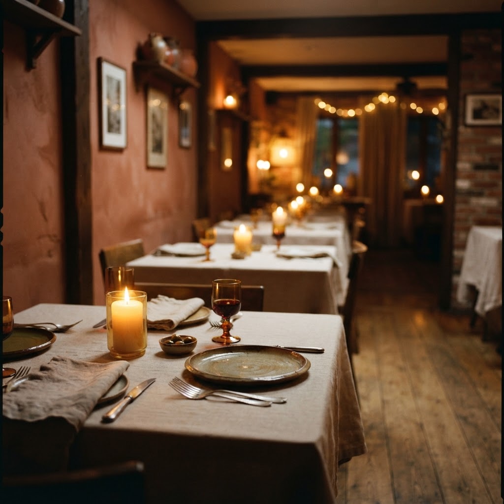 Warm candlelit restaurant interior at dusk