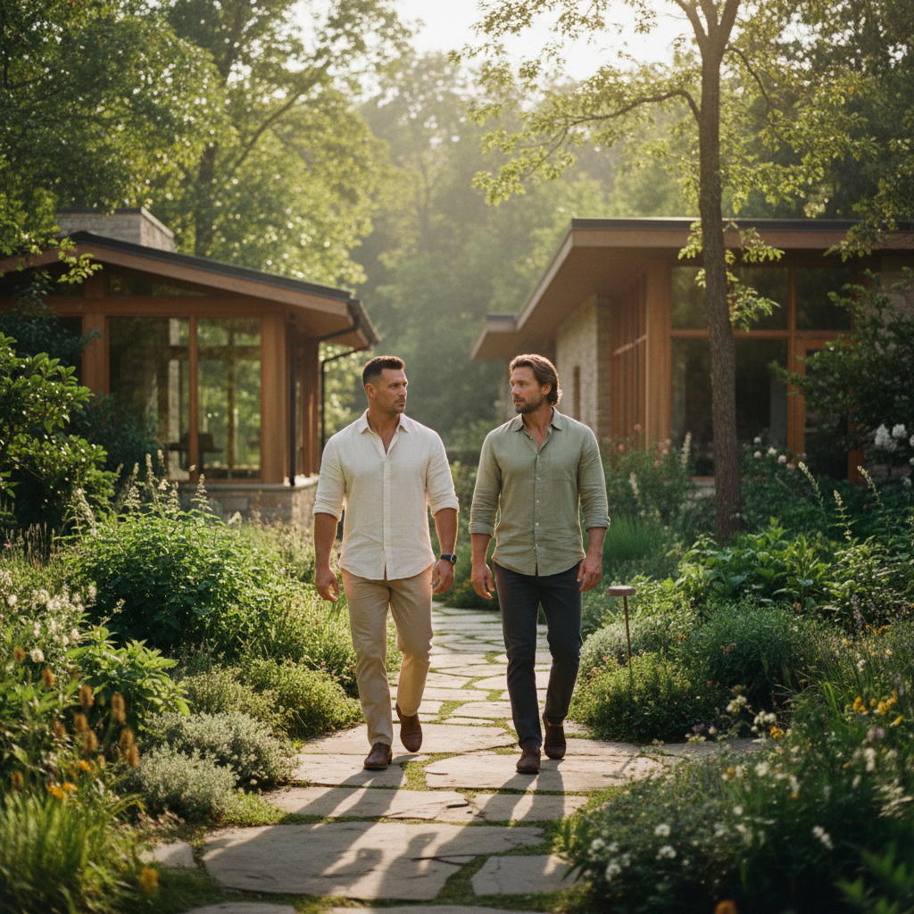 Two founders walking side by side through a wellness campus in morning light
