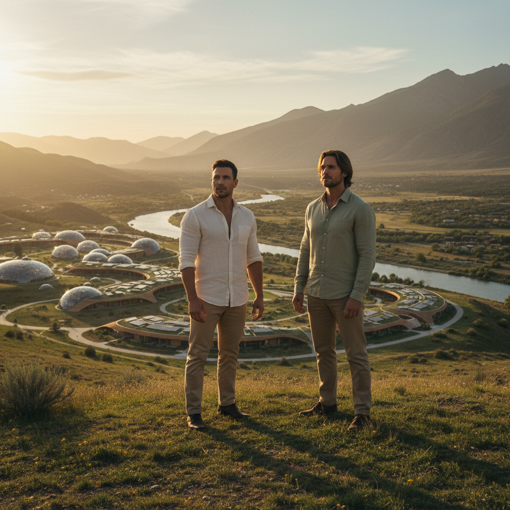 Two families gathered together at golden hour, overlooking a future wellness campus