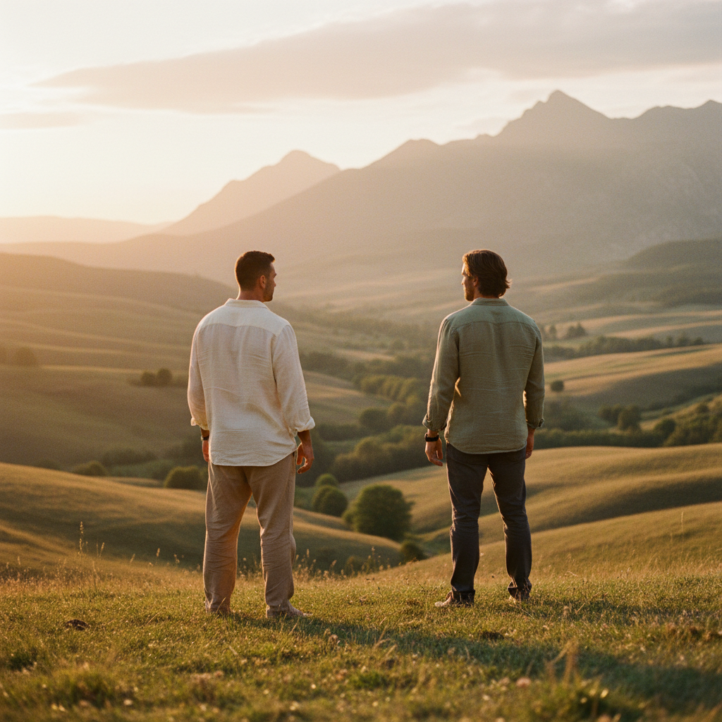Two founders standing apart, overlooking a valley at golden hour after a transformational retreat