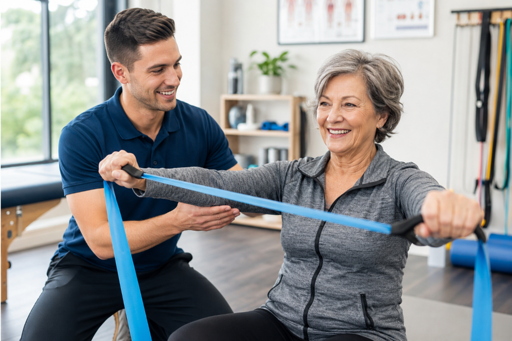 Trainer helping an older adult with resistance band exercise