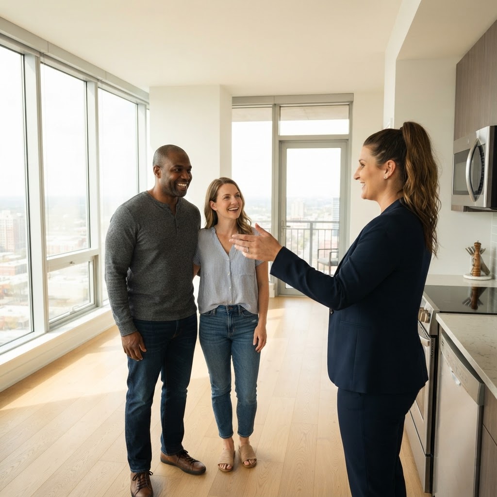 Leasing agent showing an apartment to new residents