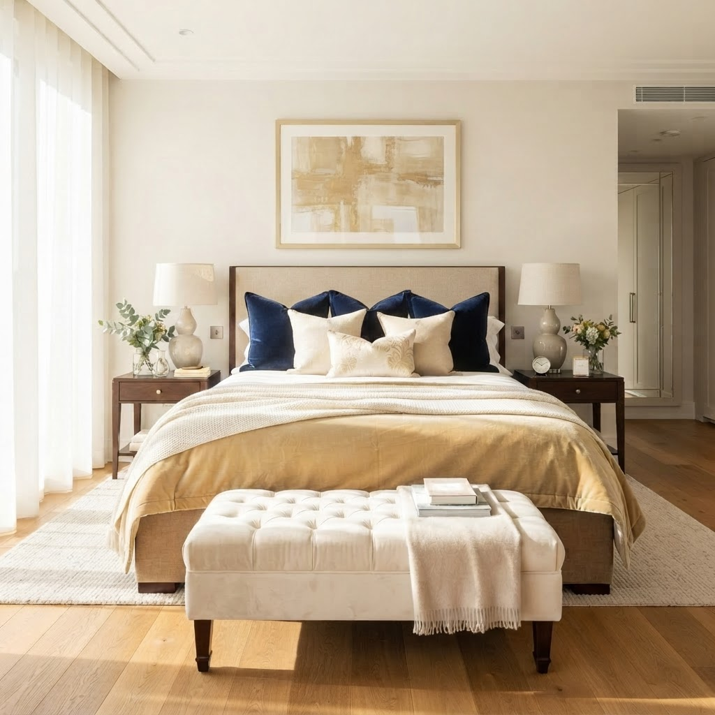 Bright modern luxury apartment interior with living room, kitchen, and dining area