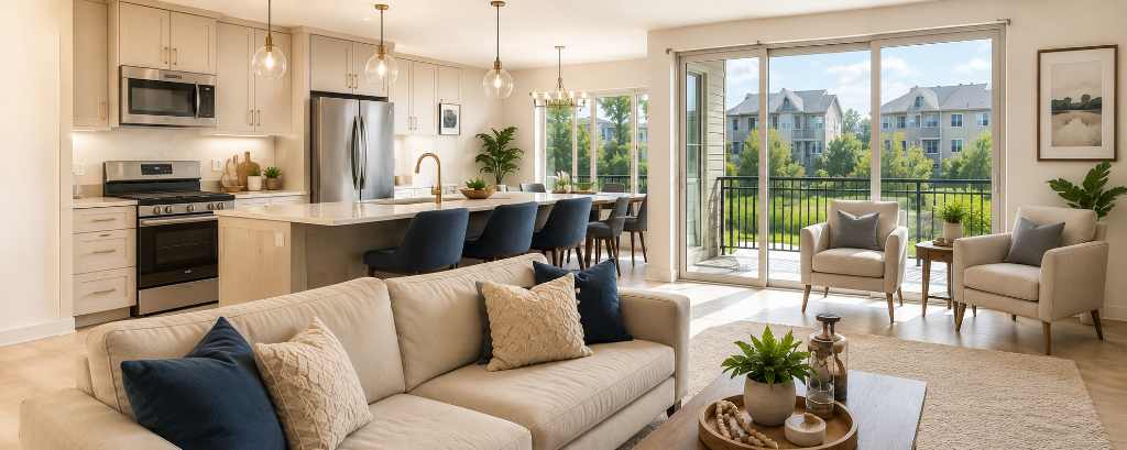 Bright modern luxury apartment interior with living room, kitchen, and dining area