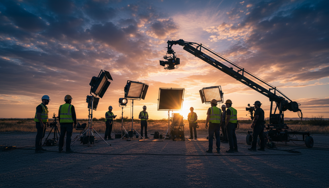 Film crew on location at golden hour