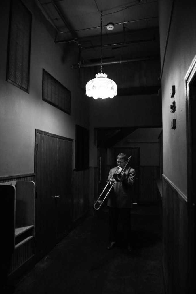 Jazz musician in hallway