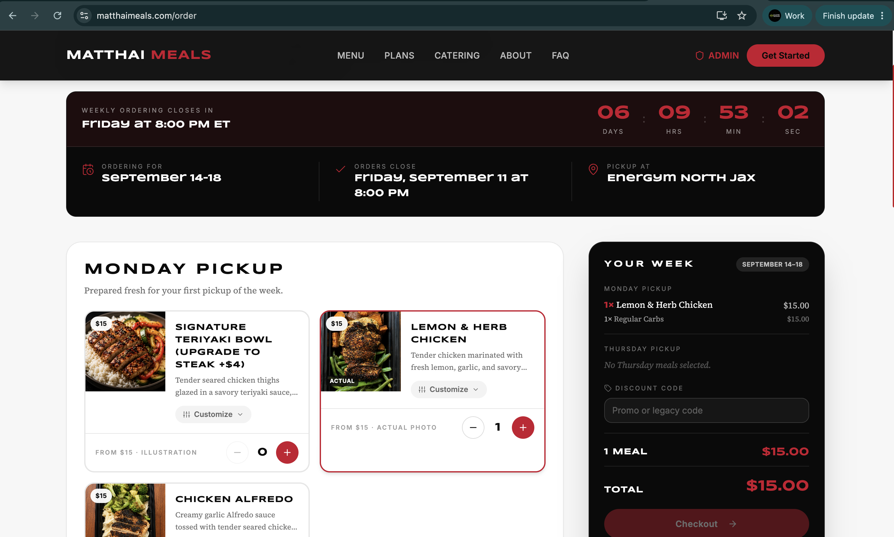 Weekly ordering page with live countdown, meal selection, and cart checkout.