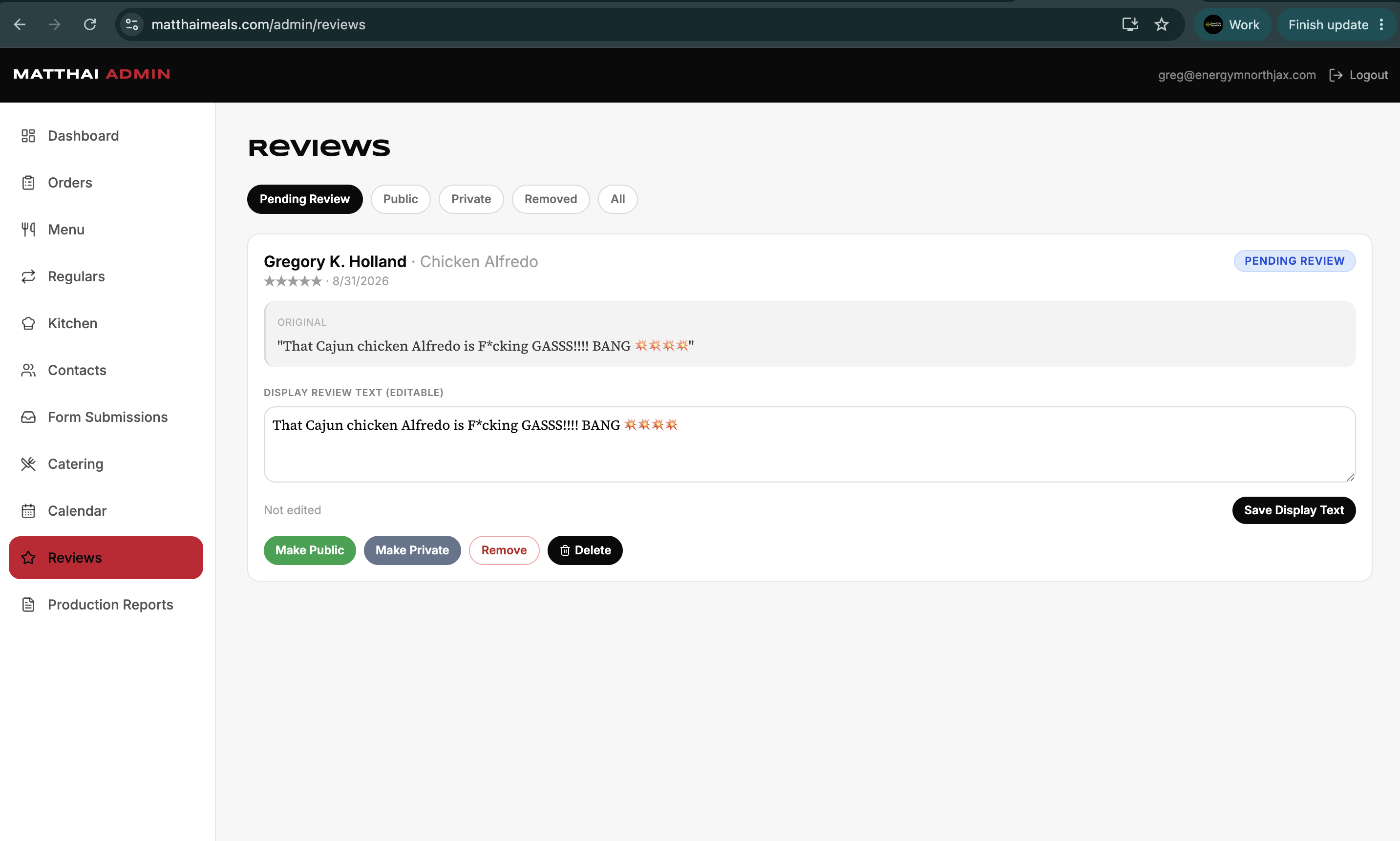 Reviews moderation panel for customer feedback management.