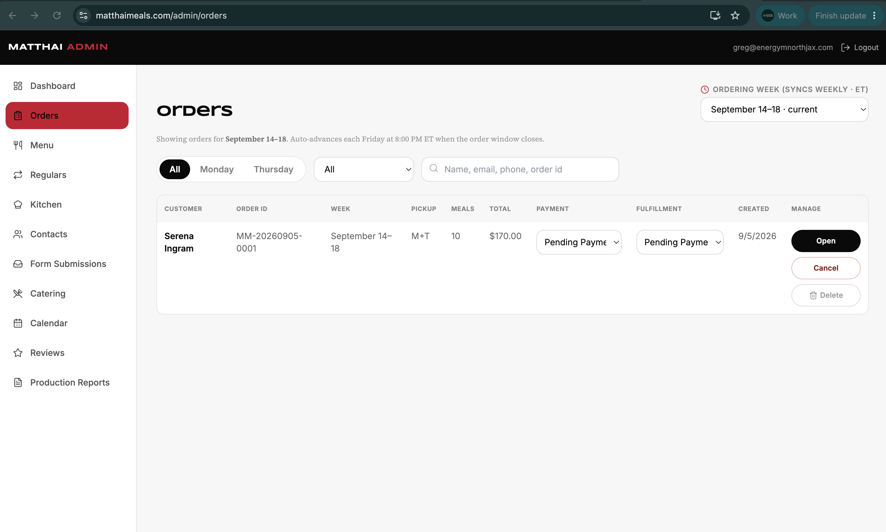 Admin orders dashboard with weekly sync, payment, and fulfillment tracking.