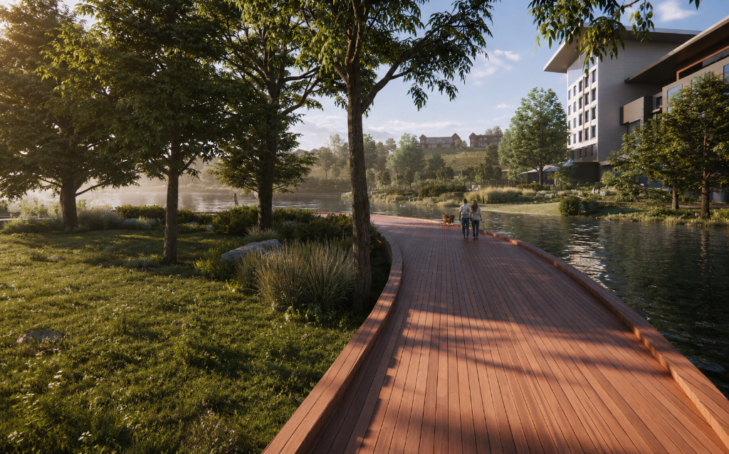 Lakeside boardwalk and pond conceptual rendering