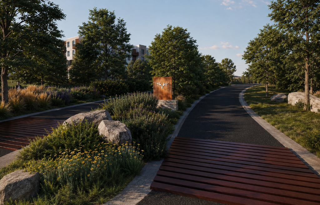 Conceptual view of the landscaped entry median and arrival signage