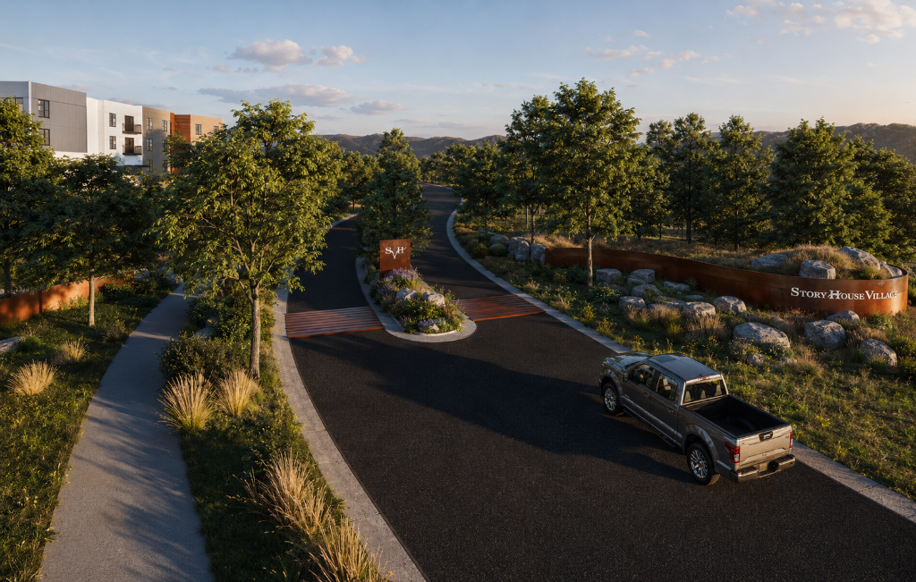 Conceptual wide view of the Story House Village entry experience