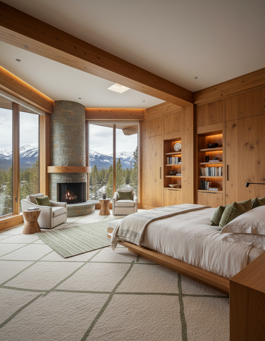 Luxury bedroom with carpet flooring