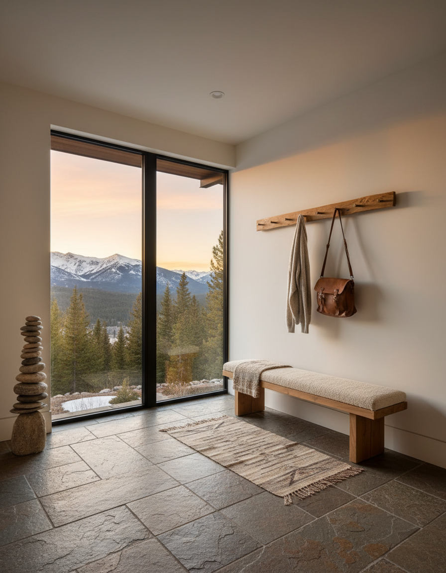Mountain home entryway with stone tile