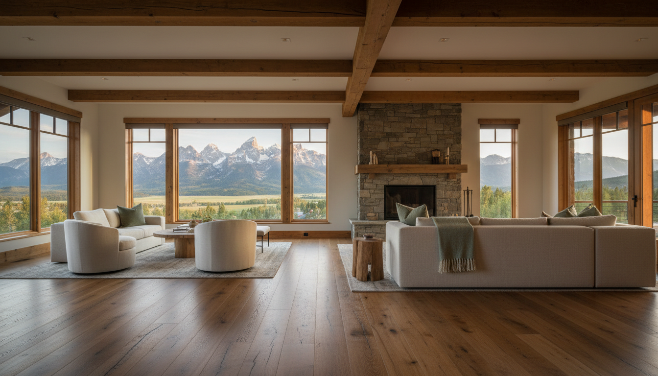 Luxury mountain home interior with beautiful hardwood flooring