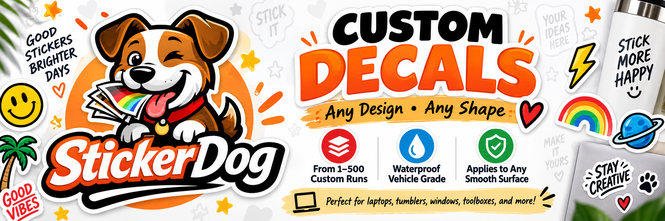 StickerDog custom decals — any design, any shape, waterproof vehicle-grade vinyl