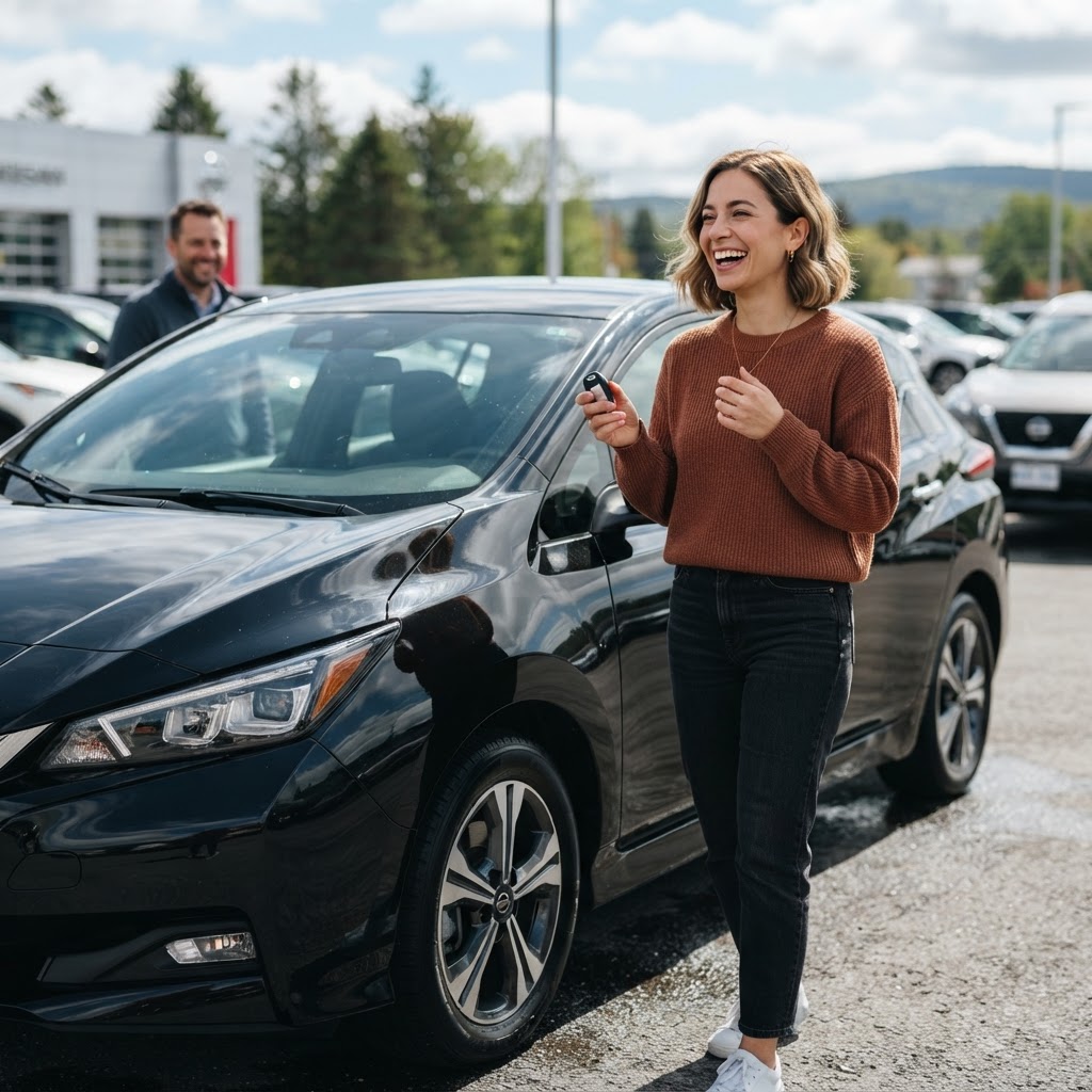 Illustration: Stéphanie secures 2nd chance auto financing for a 2026 Nissan LEAF