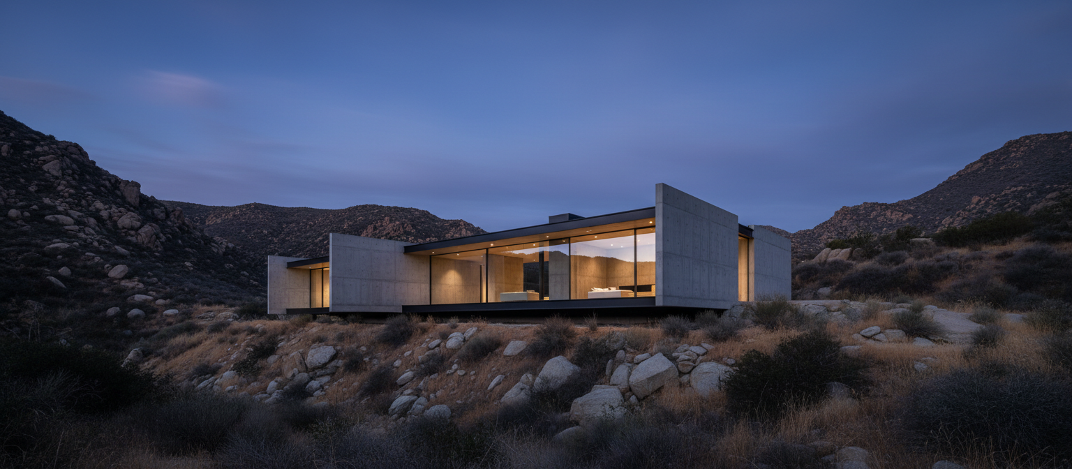 Modern fire-resistant concrete and glass home in a Malibu canyon at twilight