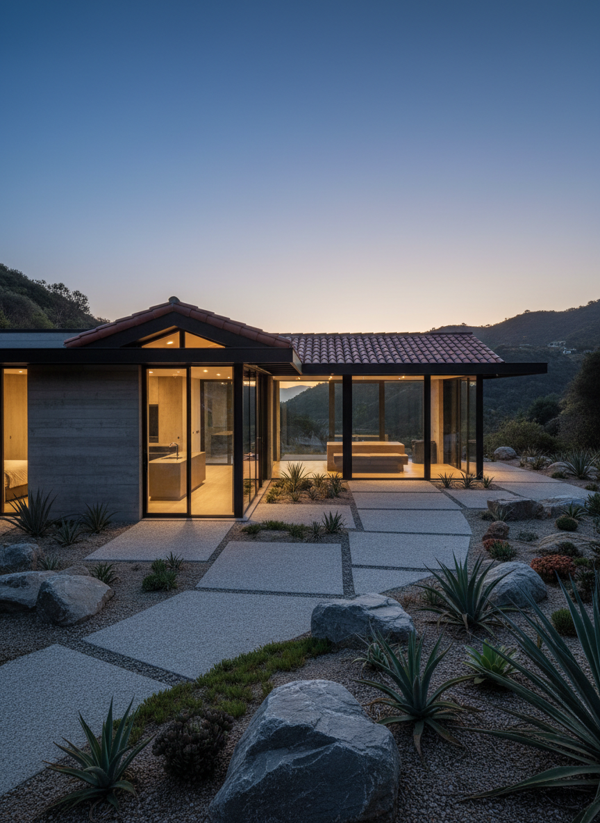 Contemporary concrete home with clay tile roof and xeriscaped grounds in the Santa Monica Mountains
