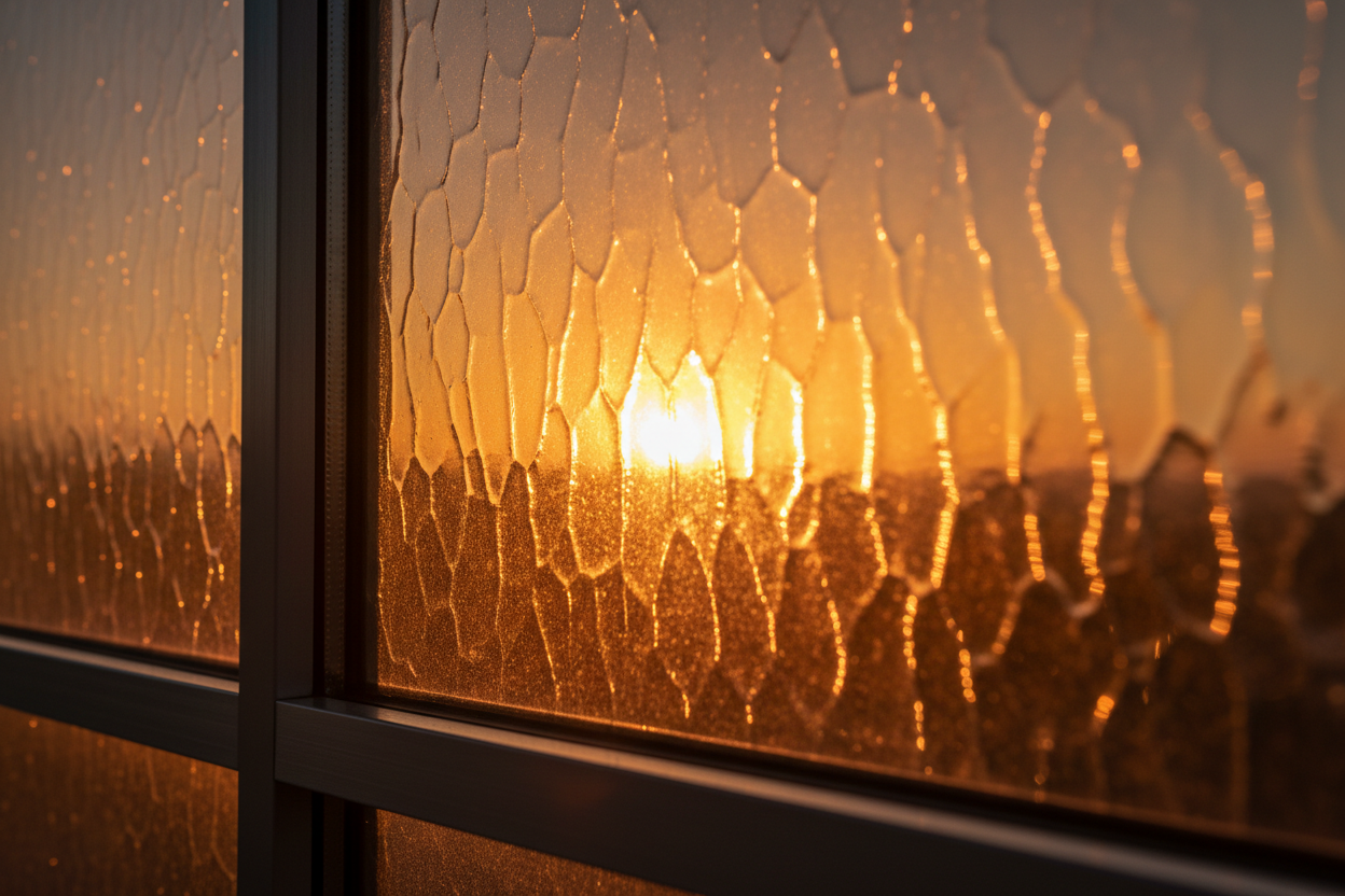 Fire-rated tempered glass reflecting golden sunset light
